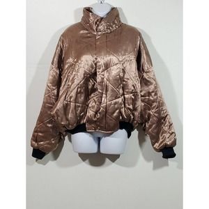 Vintage de Gruchy L Satiny Shimmery Zip/Snap Closure Tan High Neck Puffer Jacket